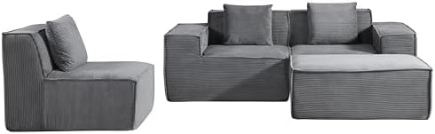 Harper Convertible Corduroy Sectional Couch with Ottoman &amp Pillows Modular L Shaped Sleeper Sofa Boneless Cloud Couch for Living Room Furniture Dark Grey