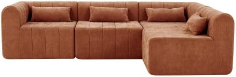 Christopher Knight Home Flarin 145.5 Convertible Sectional Sofa Couch L-Shape Home Sofa Living Room 4 Seat Sectional Sleeper Sofa Fabric Upholstered Comfy Cloud Couch No Assembly Orange