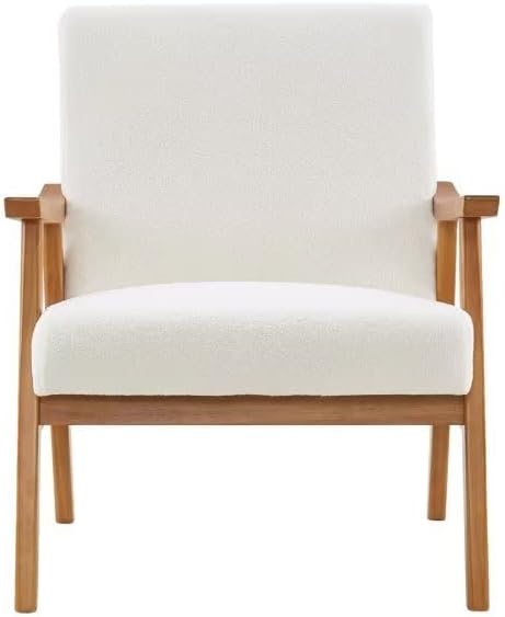 Modern Velvet Accent Chair Teddy Velvet Single Indoor Lounge Chair Comfty Sofa Armchair with Wood Legs and Backrest for Living Room Bedroom Compact Space Creamy White
