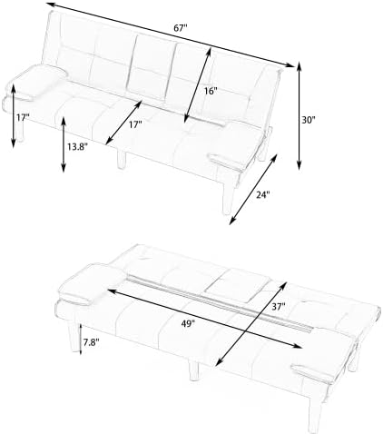 Futon Sofa Bed Modern Folding Couch for Small Space Faux Leather Convertible Loveseat Sleeper Bed Daybed Recliner Lounge Sofas for Living Room2 Cup HoldersMetal LegsRemovable Armrests (BLUE)