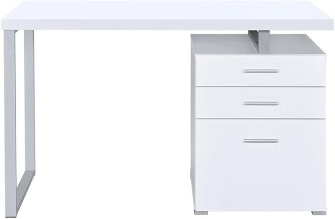Pemberly Row Modern 3-Drawer Wood Office Desk 47.25 W x 23.5 D x 30 H White Finish Silver Metal Frame Spacious File Cabinet Reversible Setup Home Office Desk for Indoor Use