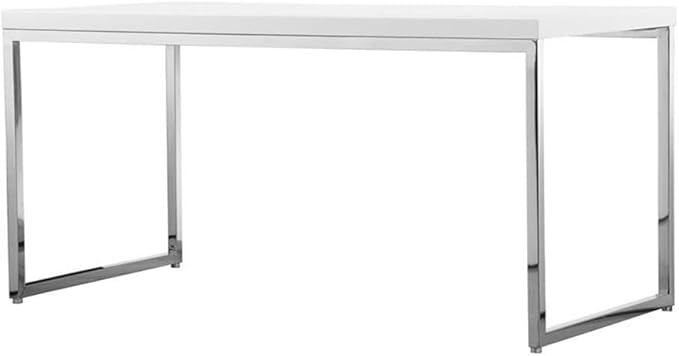 Pemberly Row Modern Writing Desk Gloss Lacquer Finish High Polished Steel Frame White 59 in x 30 in x 30 in Rectangular Design Stylish Desk for Home Office or Workspace