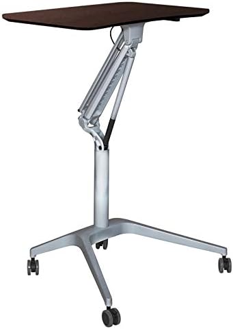 Pemberly Row Height Adjustable Stand Up Laptop Table 28-41 in Espresso Finish MDF Top Silver Lacquered Aluminum Base Locking Casters Mobile Contemporary Home Office Desk