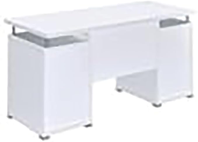 Pemberly Row 2-Drawer Wood Computer Desk 55 W x 23.5 D x 29.5 H White Finish Modern Home Office Desk with Keyboard Tray File Drawer Adjustable Shelf Storage Cabinet Silver Metal Accents