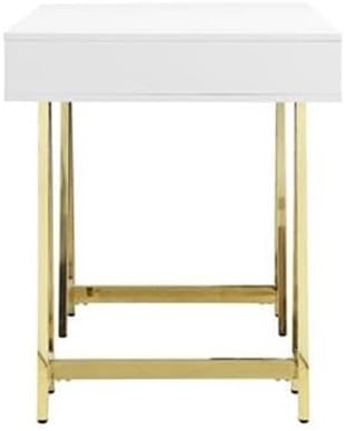 Pemberly Row Modern Lacquer Writing Desk 55 in Wide Steel Metal Frame White and Gold Finish 3 Drawers High Gloss Design Home Office Desk for Workspace or Study
