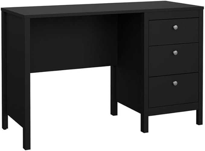 Pemberly Row Home Office Writing Desk 47 in Engineered Wood Black Matte Paper Foil Finish 3 Storage Drawers with Metal Glides 2 Hardware Options Sleek Workspace for Home or Office Use