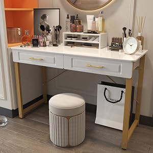 WESTREE 47.2 White and Gold Desk with 2 Drawers and Storage Shelf Modern Makeup Vanity with Glossy Desktop Gold Metal Frame Writing Desk for Bedroom or Home Office No Mirror