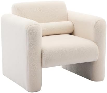 Modern Accent Chair Lambskin Sherpa Fabric Upholstered Comfy Reading Arm Chair Soft Padded Armchair with Back and Pillow for Living Room Bedroom Reception Waiting Room Office Cream