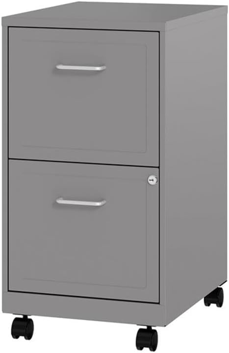 Pemberly Row 18 2-Drawer Metal Mobile Filing Cabinet Arctic Silver Finish Locking Design with Easy Roll Casters Stylish Embossed Fronts Compact Vertical Storage for Small Office or Home Office