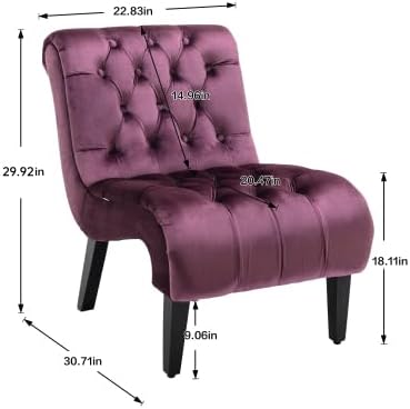 Accent Chair Living Room Reading Chairs Comfy Velvet Upholstered Mid Century Modern Accent Chair Tufted Back Armless Chair with Wooden Legs for Living Room Bedroom Office Purple