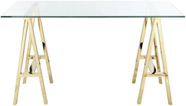 UrbanPro Small Metal Writing Desk 55 in Glass Top Polished Gold Finish Sawhorse Style Legs Handmade Furniture for Home Office or Workspace Durable Construction No Assembly Required