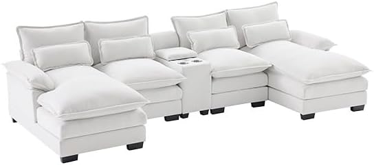 124 Oversized U Shaped Cloud Couch Modular Sectional Couches for Living Room Comfy Chenille Deep Seat Sofa Set with Double Chaise Lounge Storage Central Console Cup Holders USB Port Beige