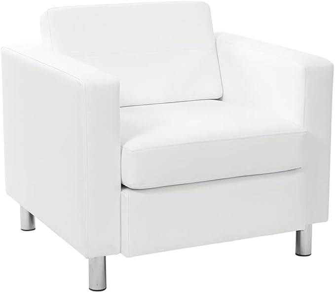 Pemberly Row Contemporary Faux Leather Armchair Snow White Vinyl Upholstery Silver Metal Legs Box Spring Seat 32 W x 30.5 D x 29.5 H Modern Guest Chair for Living Room or Office