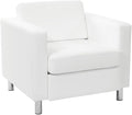 Pemberly Row Contemporary Faux Leather Armchair Snow White Vinyl Upholstery Silver Metal Legs Box Spring Seat 32 W x 30.5 D x 29.5 H Modern Guest Chair for Living Room or Office