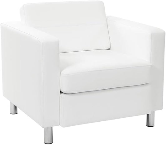 Pemberly Row Contemporary Faux Leather Armchair Snow White Vinyl Upholstery Silver Metal Legs Box Spring Seat 32 W x 30.5 D x 29.5 H Modern Guest Chair for Living Room or Office
