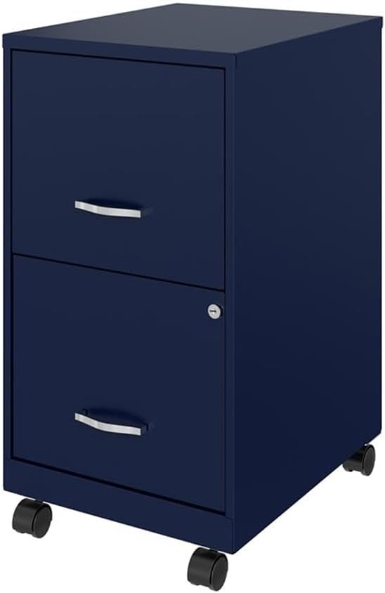 Pemberly Row 18 2-Drawer Mobile Metal Filing Cabinet Navy Finish Painted Steel Lockable High-Side Drawers Smooth Glide Wheels Compact Vertical Design for Home or Office Organization
