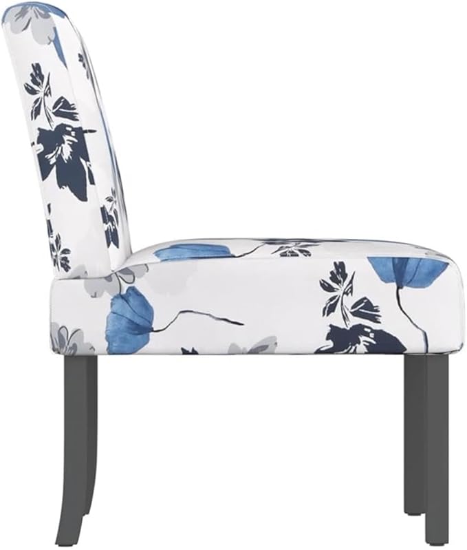 BOWERY HILL Floral Polyester and Solid Wood Slipper Chair Blue and White Upholstered Seat 25.2 x 18.9 x 28.3 in Comfortable Reversible Cushion Modern Accent Chair for Living Room or Bedroom Use