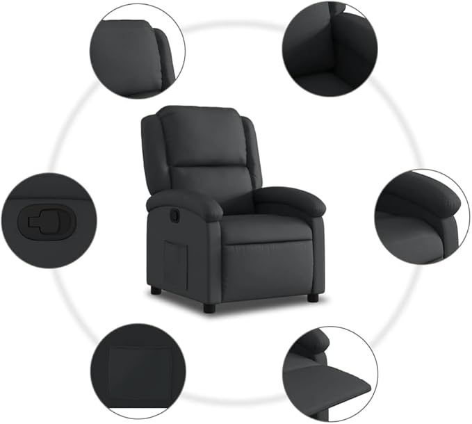 vidaXL Black Real Leather Manual Recliner Chair - Wingback Armchair with Side Pocket Adjustable Footrest/Backrest for Home Theater/Lounge