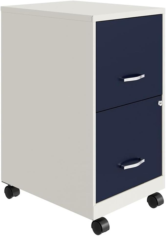 Pemberly Row 2-Drawer Mobile Metal Filing Cabinet 18 D White/Navy Finish Locking Drawers with Glide Suspension Letter-Size File Storage Compact Vertical Design for Home or Office