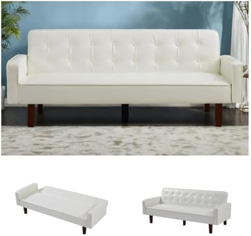 Modern PU Leather 3-Seat Couch Adjustable Backrest Convertable Sofa Sleek Minimalist Fold Out Couch Loveseat with Armrests Sofa for Living Room Home Office Spaces White