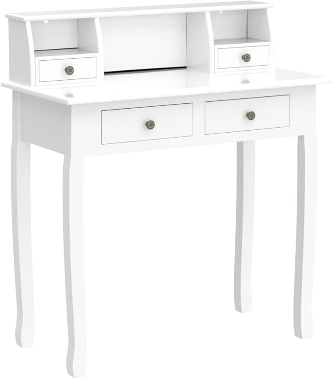 DMAITH Small White Writing Desk with Hutch – 32 Home Office Desk with Drawers | Compact Computer Desk Vanity Makeup Table for Bedroom or Study Room