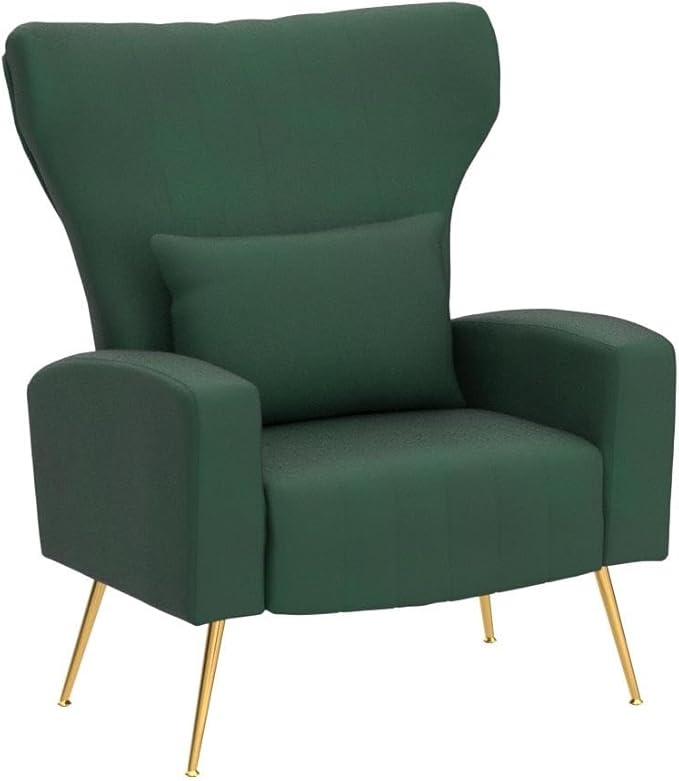 Modern Accent Chairs Set of 2 Wingback Chair with Arm &amp Gold Legs Living Room Bedroom Side Chair with Lumbar Pillow Velvet Upholstered Channel Tufted Green
