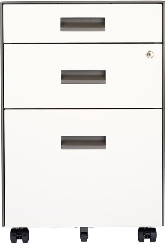 3 Drawer File Cabinet with Lock - Under Desk Metal Filing Cabinet Legal/Letter File Folders Wheels Fully Assembled White/Gray