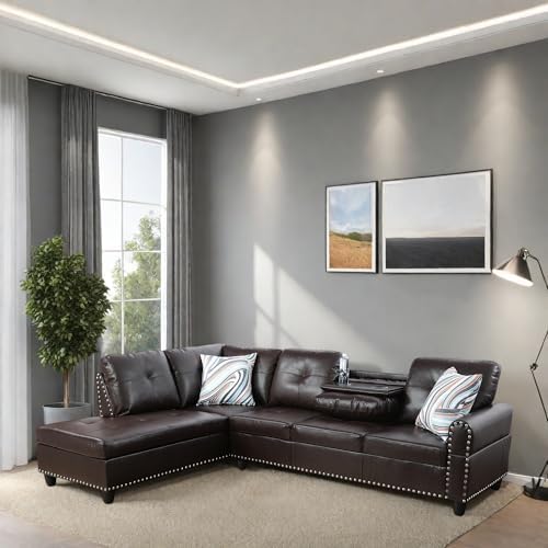 FONTOI L Shaped Sectional Couch Sofa 4-Seat Modern Sectional Sofa with Cup Holders &amp Nail-Head Trim – PU Leather L-Shaped Couch for Living Room Bedroom Apartment Brown A