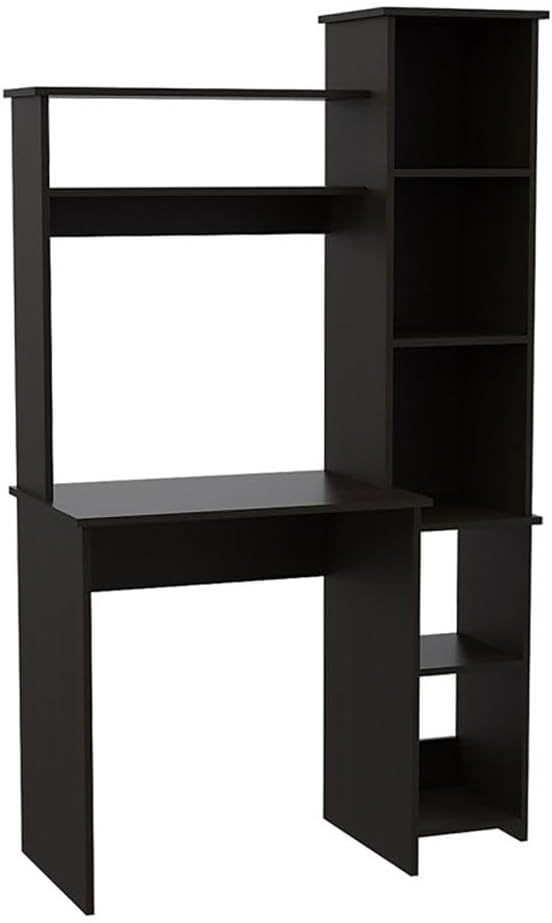 BOWERY HILL Modern Engineered Wood Home Office Desk Black Wengue Finish 63.9 H x 39.7 W x 17.8 D Hutch with Shelves Side Bookcase Space-Saving Design Ideal for Small Home Office