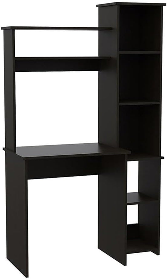 BOWERY HILL Modern Engineered Wood Home Office Desk Black Wengue Finish 63.9 H x 39.7 W x 17.8 D Hutch with Shelves Side Bookcase Space-Saving Design Ideal for Small Home Office