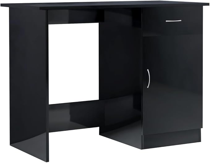 vidaXL High Gloss Black Desk in Engineered Wood - Modern Design with Drawer and Door Ideal for Office/Study/Dormitory/Hallway - Easy to Clean Surface (39.4 x 19.7 x 29.9)