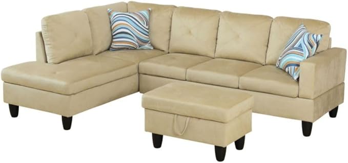 Beige L-Shaped 3-Piece Microfiber Sofa with Storage Ottoman Set Sectional Couch Sofa Set for Living Room Office Small Space