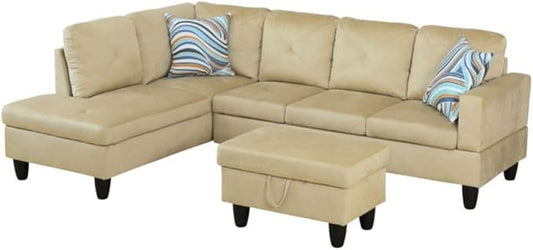 Beige L-Shaped 3-Piece Microfiber Sofa with Storage Ottoman Set Sectional Couch Sofa Set for Living Room Office Small Space