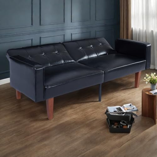 Adjustable Backrest Convertable Sofa Modern PU Leather 2-Seat Futon Sofa Convertible Faux Leather Sleeper Couch with Armrests Couch for Living Room Home Office Spaces Black