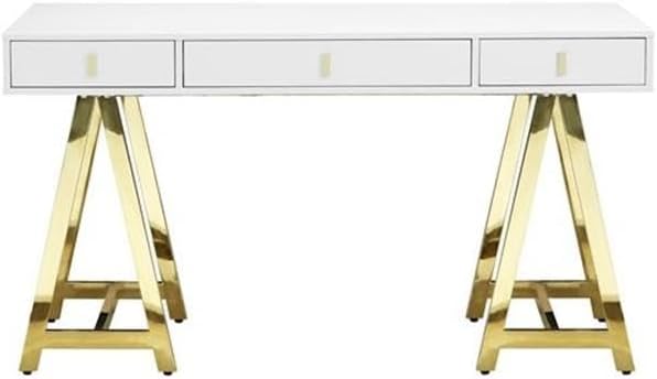 Pemberly Row Modern Lacquer Writing Desk 55 in Wide Steel Metal Frame White and Gold Finish 3 Drawers High Gloss Design Home Office Desk for Workspace or Study