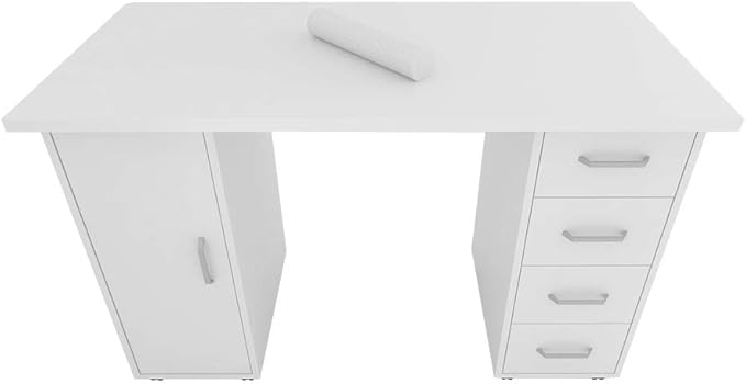 Rolling Desk Table White Computer Desk with 4 Drawers1 DoorWriting Home Office Workstation Mobile Home Office Desk Study Writing Desk with Smooth WheelsSpace Saving Compact Desk for Dorm Apartment
