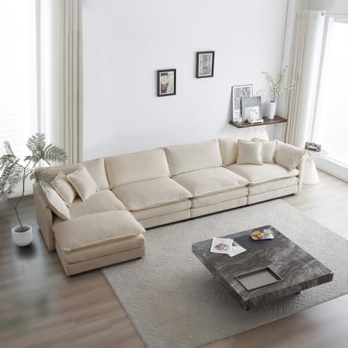 Aoowow Modular Sectional Sofa Modern Convertible L Shaped Couch147.2 Inch Deep 4-Seater Sofas Set Comfy Chenille Cloud Sofas and Couches with Movable Ottoman for Living Room Apartment（Light Coffee）