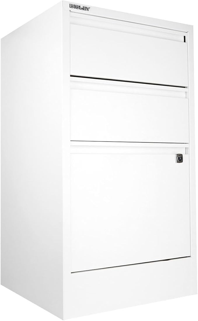 Bisley 3-Drawer Flush Front Vertical File Cabinet - Traffic White 2 Utility Drawers + 1 Hanging File Drawer Powder-Coated Steel Locking Bottom Drawer