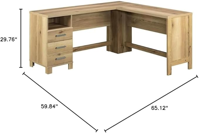 Pemberly Row Farmhouse L-Shape Engineered Wood Desk Timber Oak Finish 29.76 H x 65.12 W x 59.84 D File Drawer Open Shelf Home Office Desk for Storage &amp Organization