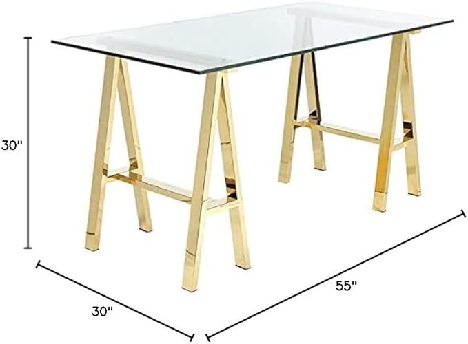 Pemberly Row Contemporary Small Writing Desk 55 in Glass Top Polished Gold Metal Sawhorse Legs Tempered Glass Hand Polished Finish Modern Style Home Office Desk No Assembly Required