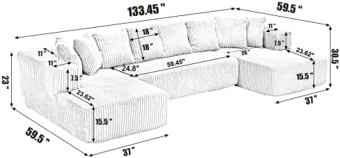 Minimalist Oversized Modular Sofa Couch Deep Seat Sectional Sofa with Two Chaise Comfy Corduroy Shape Cloud Couch for Living Room Apartment - Light Gray