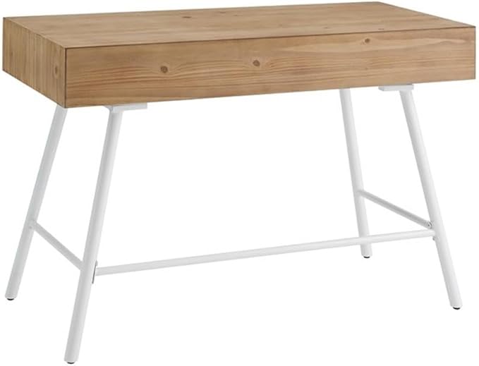 Riverbay Furniture Modern Wood and Metal Desk 44 w x 22.75 d x 30 h Fir Wood Top Powder-Coated White Iron Base 3 Storage Drawers Leveling Legs Home Office or Craft Workspace