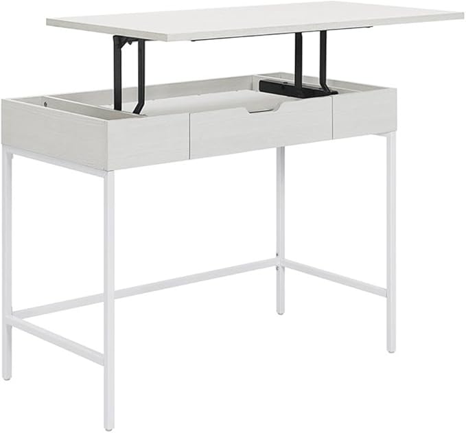 Pemberly Row Worksmart Sit-to-Stand Desk 40 W x 20 D x 31 H White Oak Engineered Wood Adjustable Height with Storage Drawer Modern Steel Frame Home Office or Student Desk