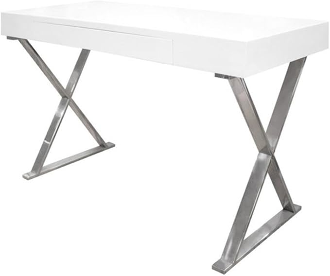 Pemberly Row Modern Computer Desk 47 L x 22 W x 30 H Poplar and Engineered Wood White Lacquer and High Gloss Finish Stainless Steel Frame Chrome Silver Legs Sleek Office or Study Desk