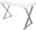 Pemberly Row Modern Computer Desk 47 L x 22 W x 30 H Poplar and Engineered Wood White Lacquer and High Gloss Finish Stainless Steel Frame Chrome Silver Legs Sleek Office or Study Desk