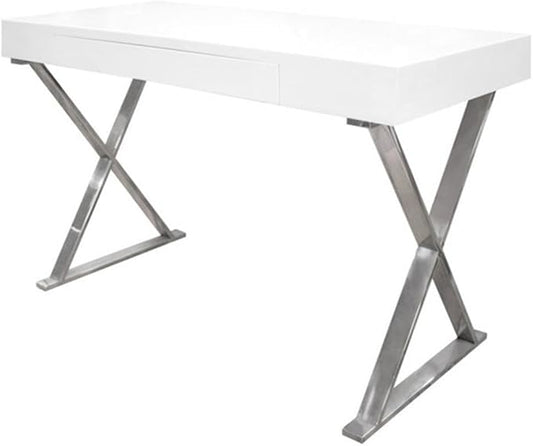 Pemberly Row Modern Computer Desk 47 L x 22 W x 30 H Poplar and Engineered Wood White Lacquer and High Gloss Finish Stainless Steel Frame Chrome Silver Legs Sleek Office or Study Desk