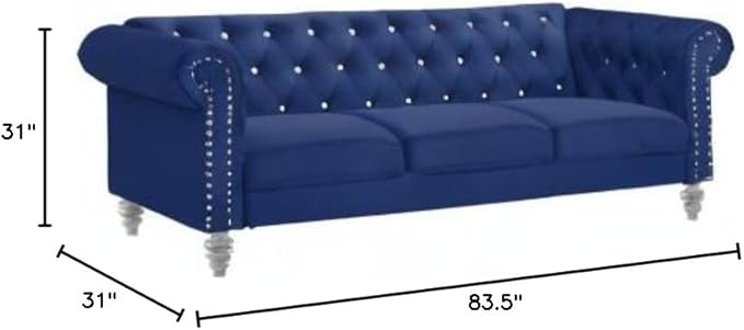 New Classic Furniture Glam Emma Velvet Three Seater Chesterfield Style Sofa for Small Spaces with Crystal Button Tufts Royal Blue