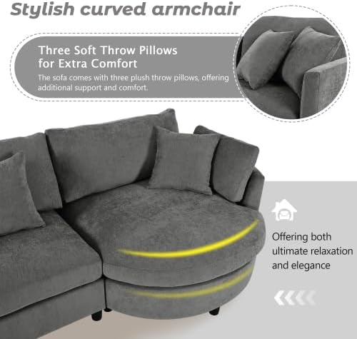 105 Modern Modular Sectional Sofa Chenille Fabric 3-Piece Sectional Sofa with Curved Chaise and 3 Throw Pillows Perfect for Living Rooms Offices and Apartments (Grey102)
