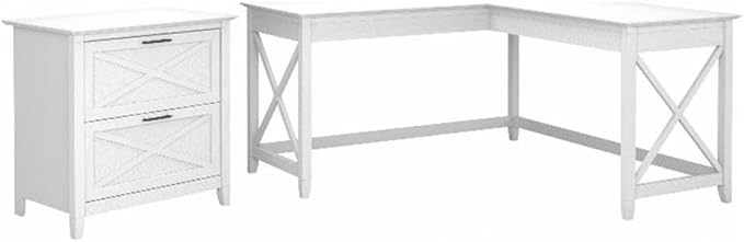 Bush Furniture Key West 60W L Shaped Desk with 2 Drawer Lateral File Cabinet in Pure White Oak Large Corner Table and Document Storage for Home Office