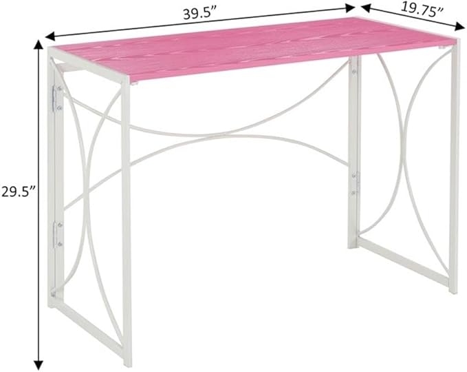 Pemberly Row Folding Desk 39.5 x 19.75 x 29.5 in Pink Wood Top White Metal Frame Space-Saving Design Lightweight Portable Desk for Home Office Dorm Room Compact Workspaces